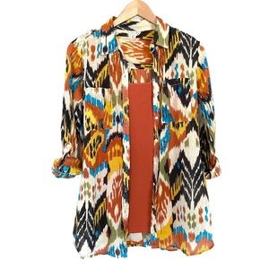 Cotton Daisy Tribal Print Button Up Safari Shirt M Roll Up Long Sleeves orange